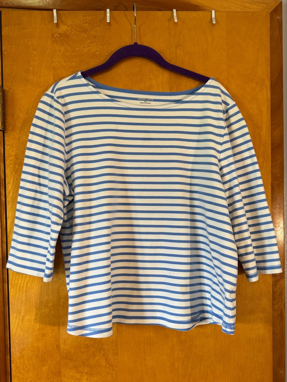 Studio Works White and Light Blue Striped Boatneck Top